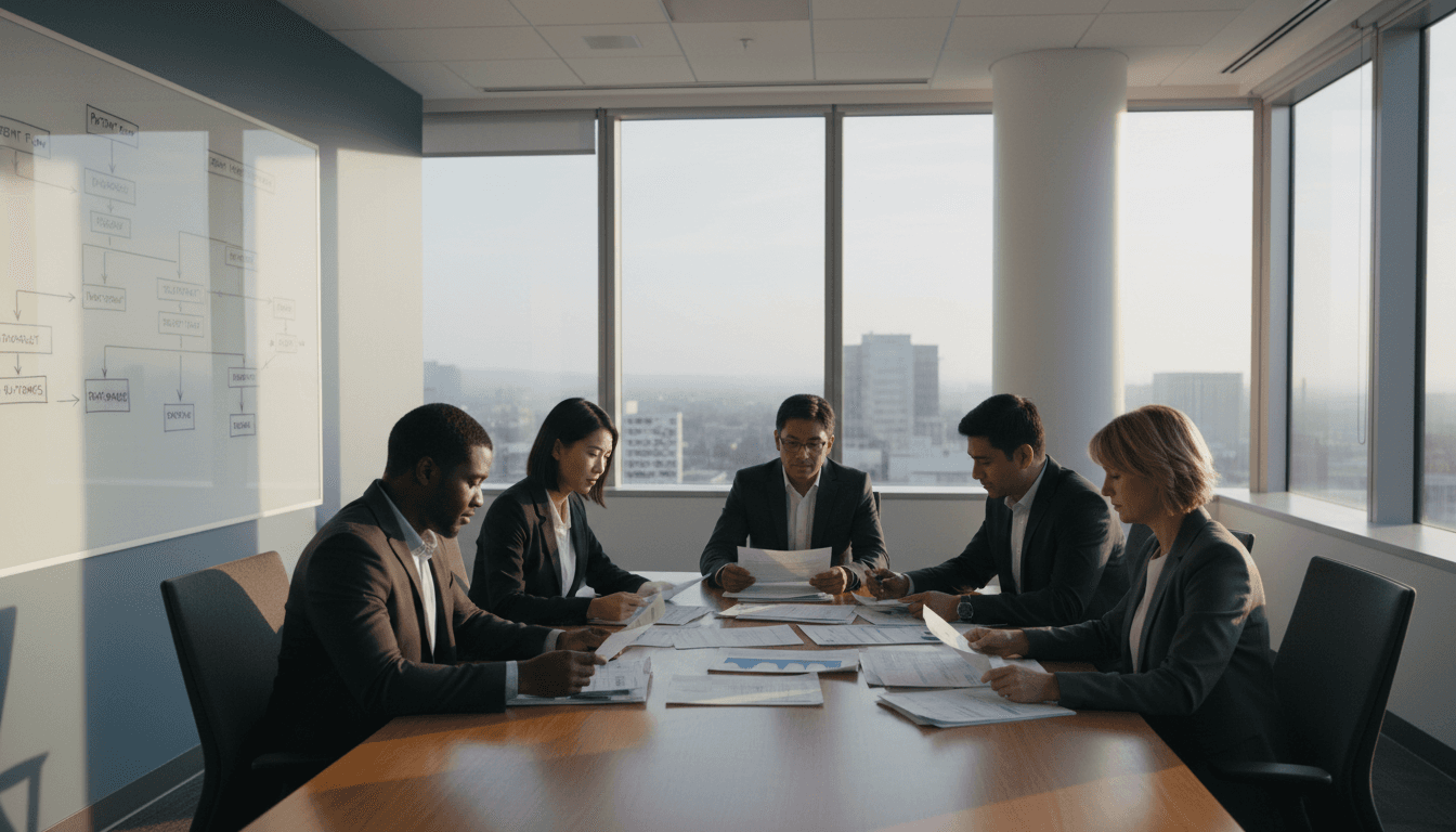 Healthcare professionals reviewing market data in a glass-walled conference room