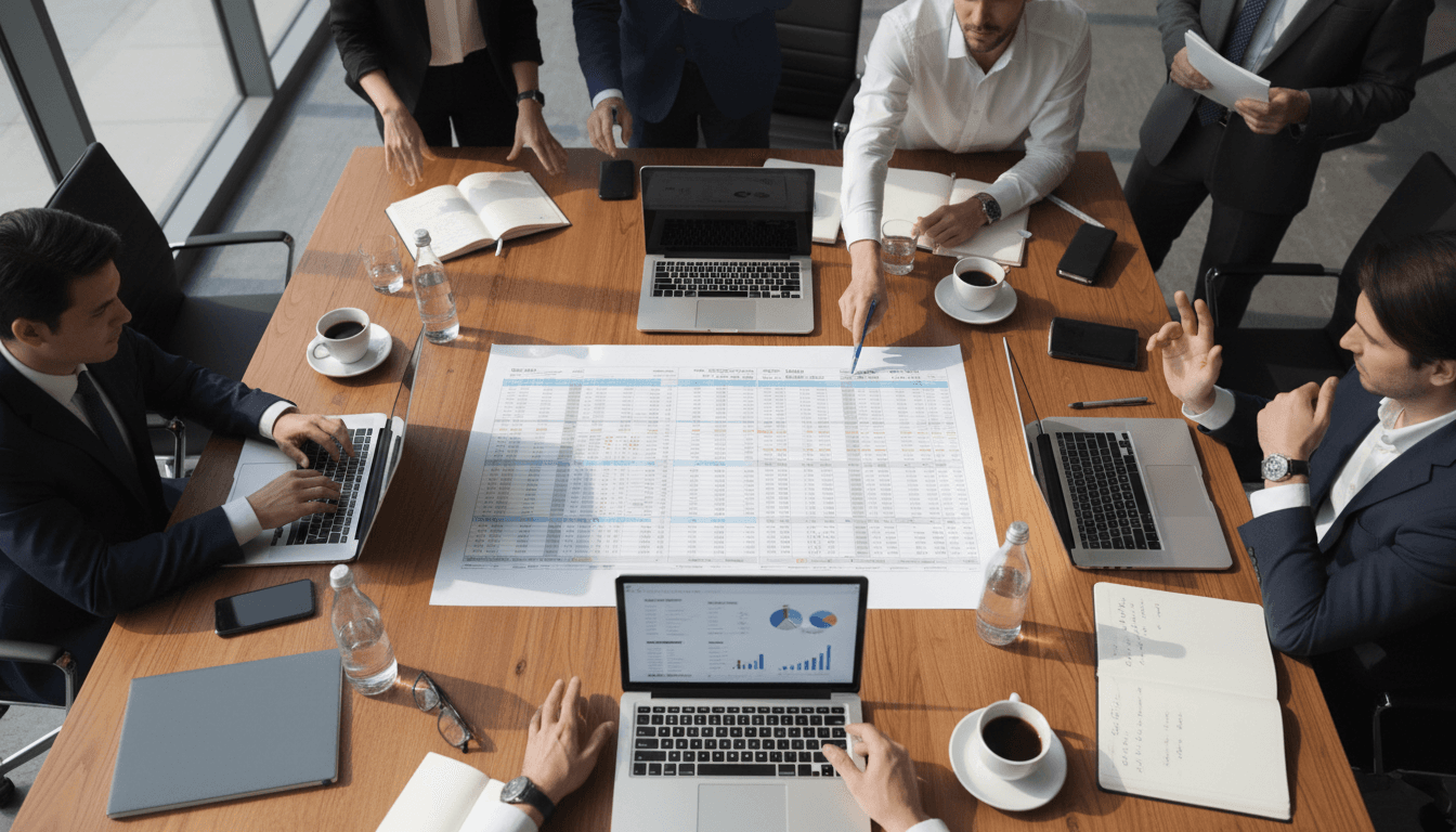 A team of healthcare executives reviewing data and charts around a table in a bright, modern office