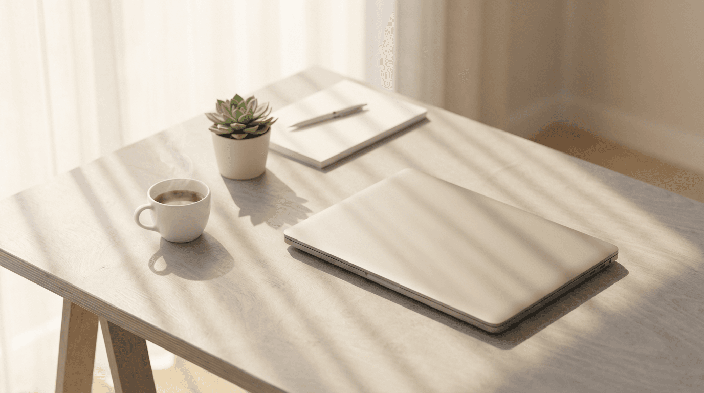 Notebook and pen on a conference table with blurred window background